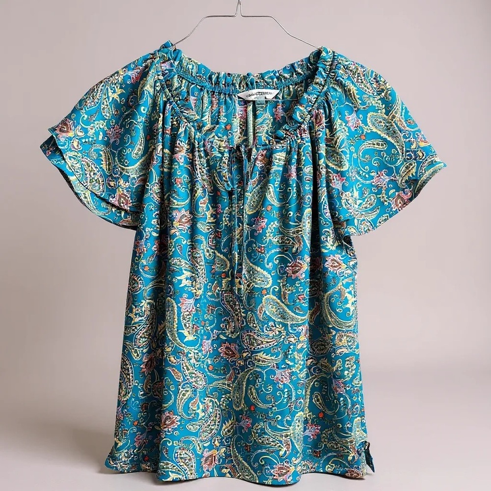 Counterparts Blue Paisley Drawstring Blouse with Bells Sleeves . Size L